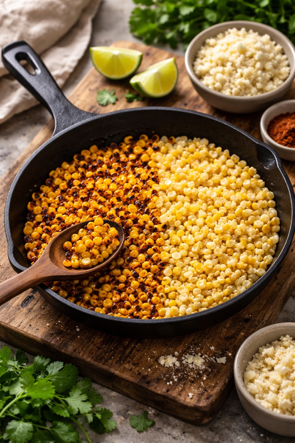 Close-up of charred and under-charred corn in a skillet with cotija on a wooden board