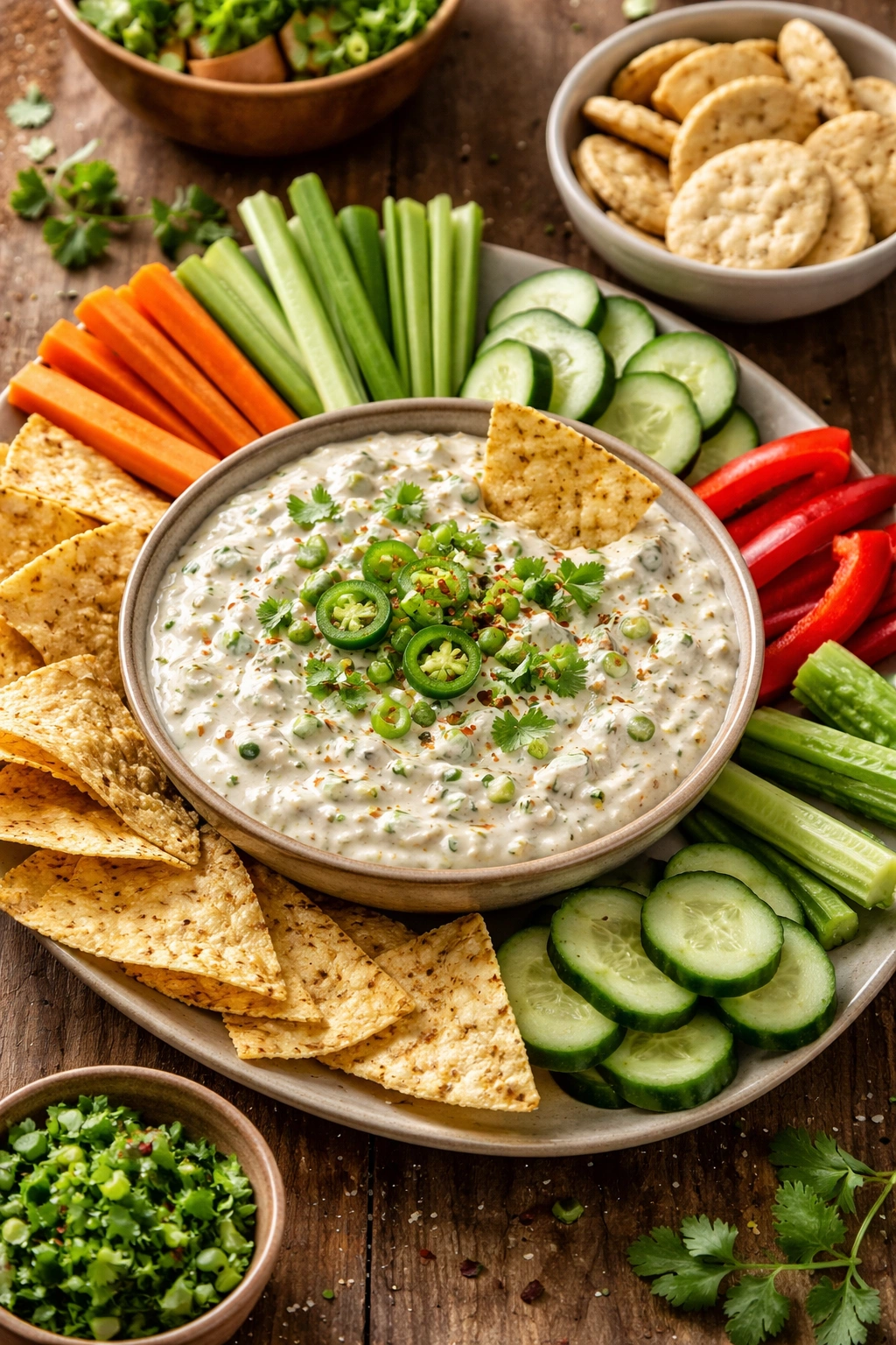 Dip bowl with tortilla chips arranged around it on a wooden surface