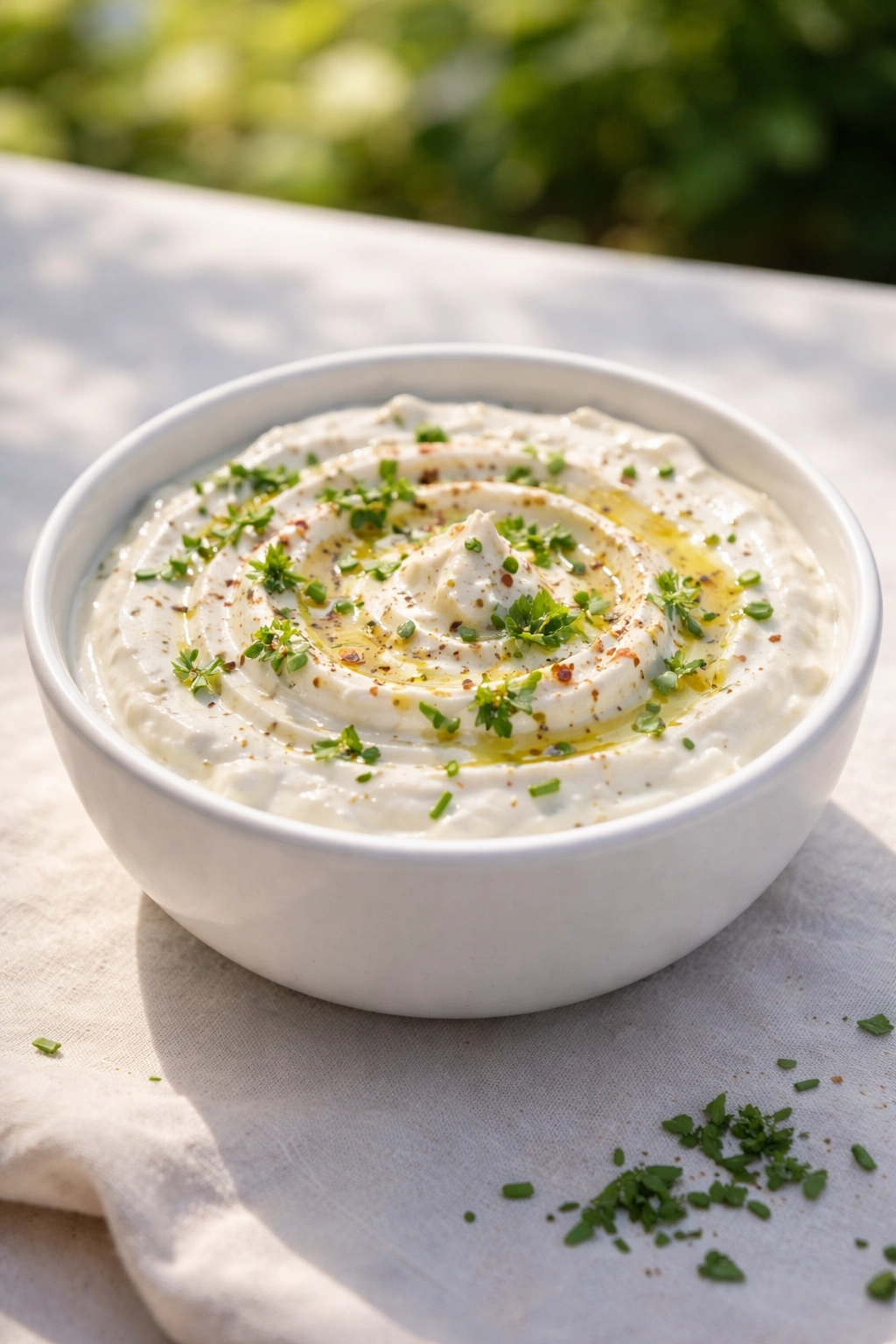 Creamy dip in a plain bowl on an outdoor table.