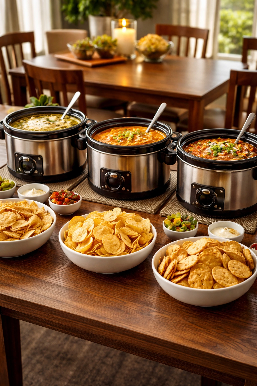 Polished dip station with crock pots and crackers