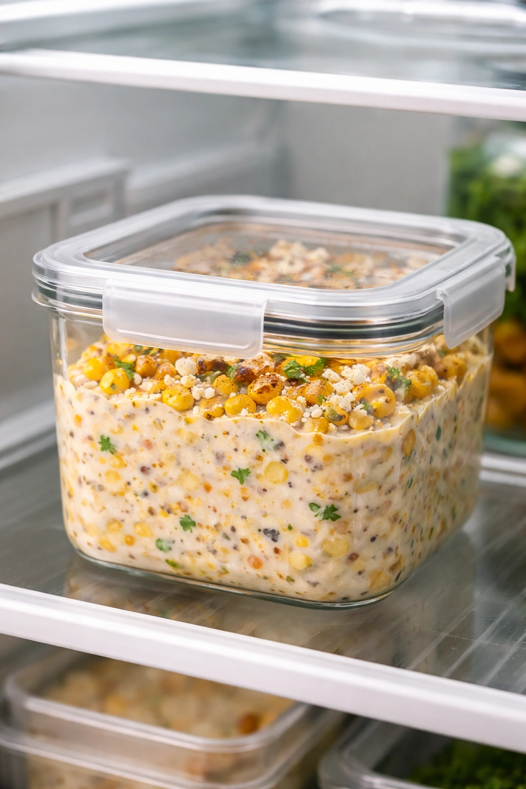 Glass container of dip in a refrigerator ready for storage