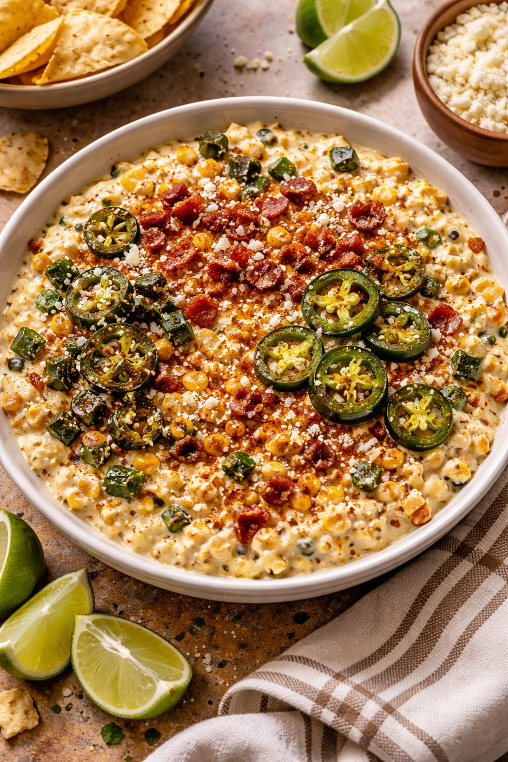 Creamy street corn dip with poblano, bacon, jalapeño toppings visible in one bowl