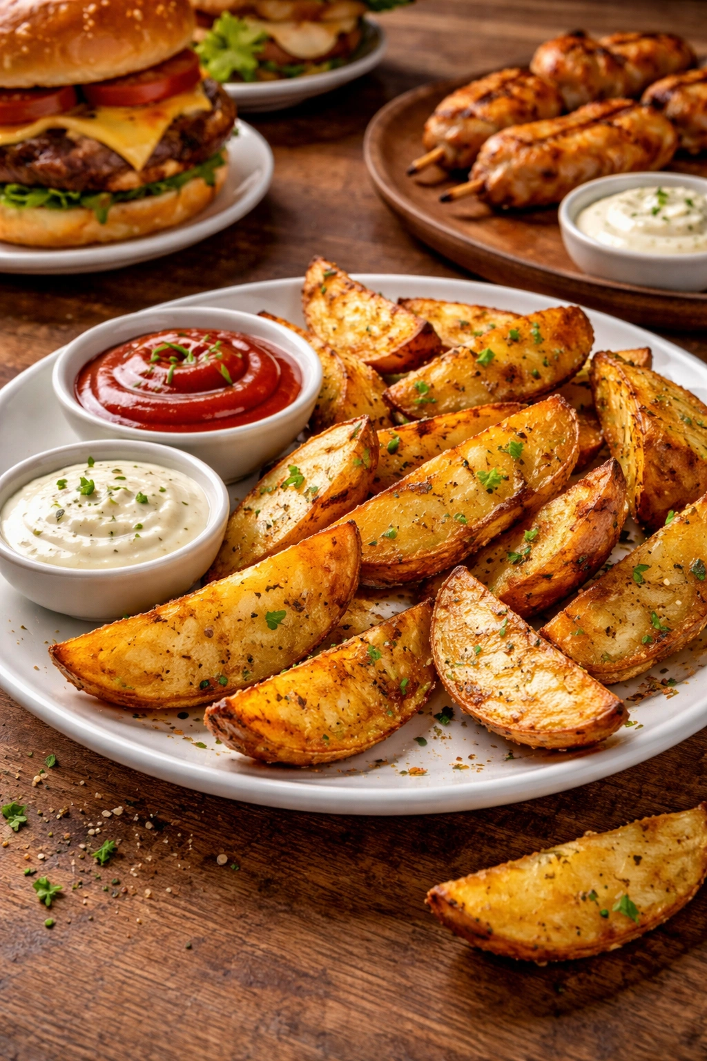 Crispy potato wedge on a plate with a small dipping sauce