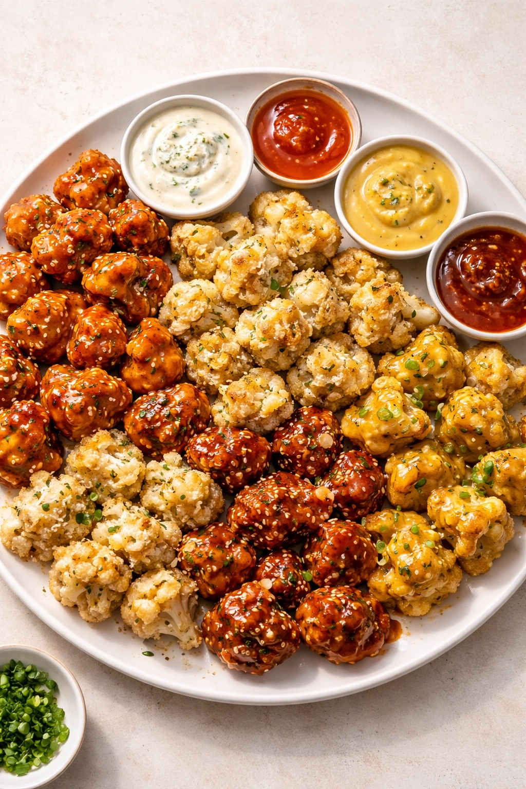 Cauliflower bites with glossy sauce coatings on plate