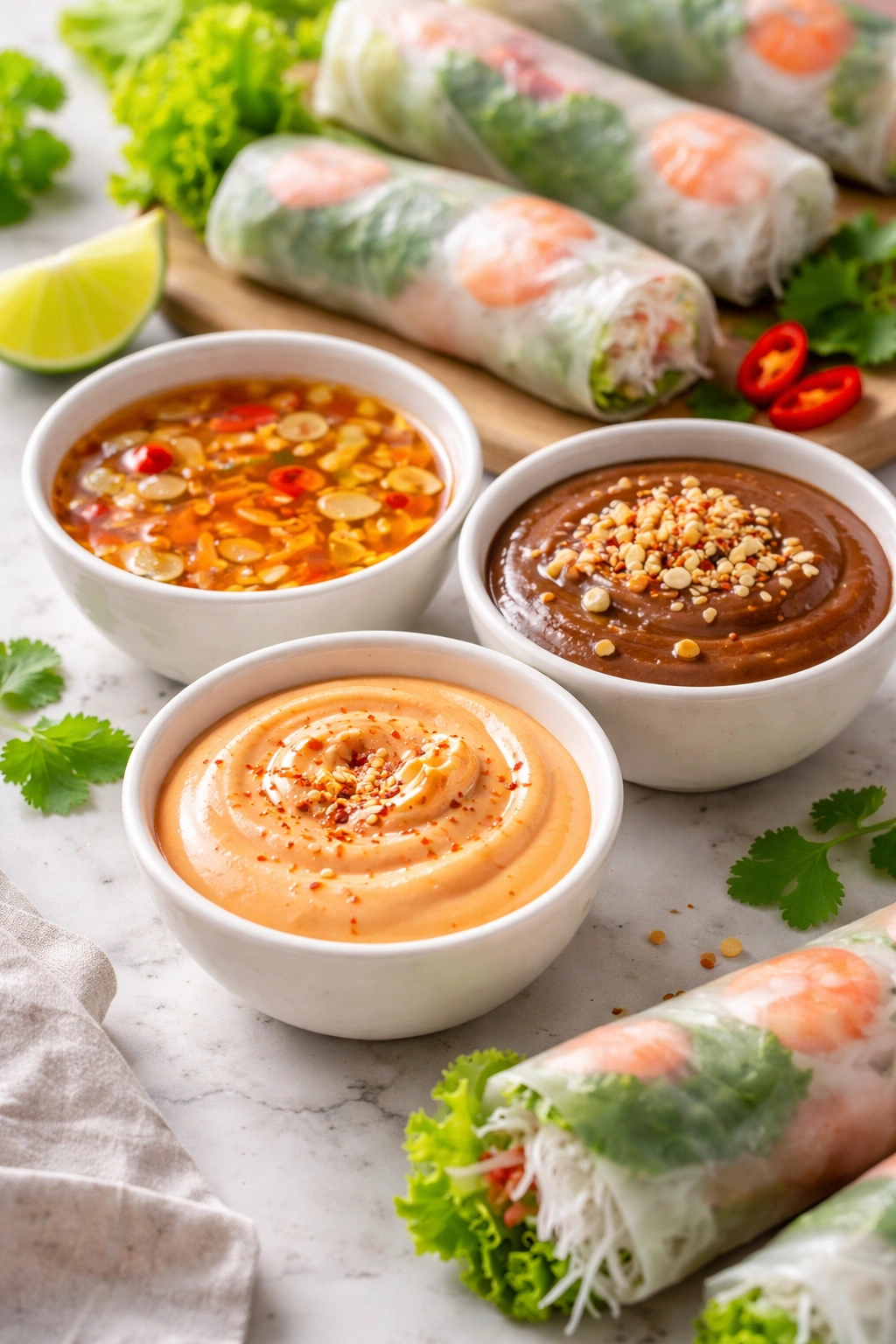 Close-up of three bowls of dipping sauces in nuoc cham, peanut hoisin, and sriracha mayo
