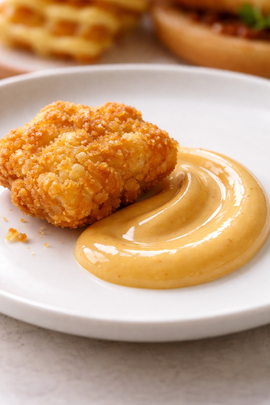 Crispy chicken nugget with a glossy trail of sauce on a neutral plate
