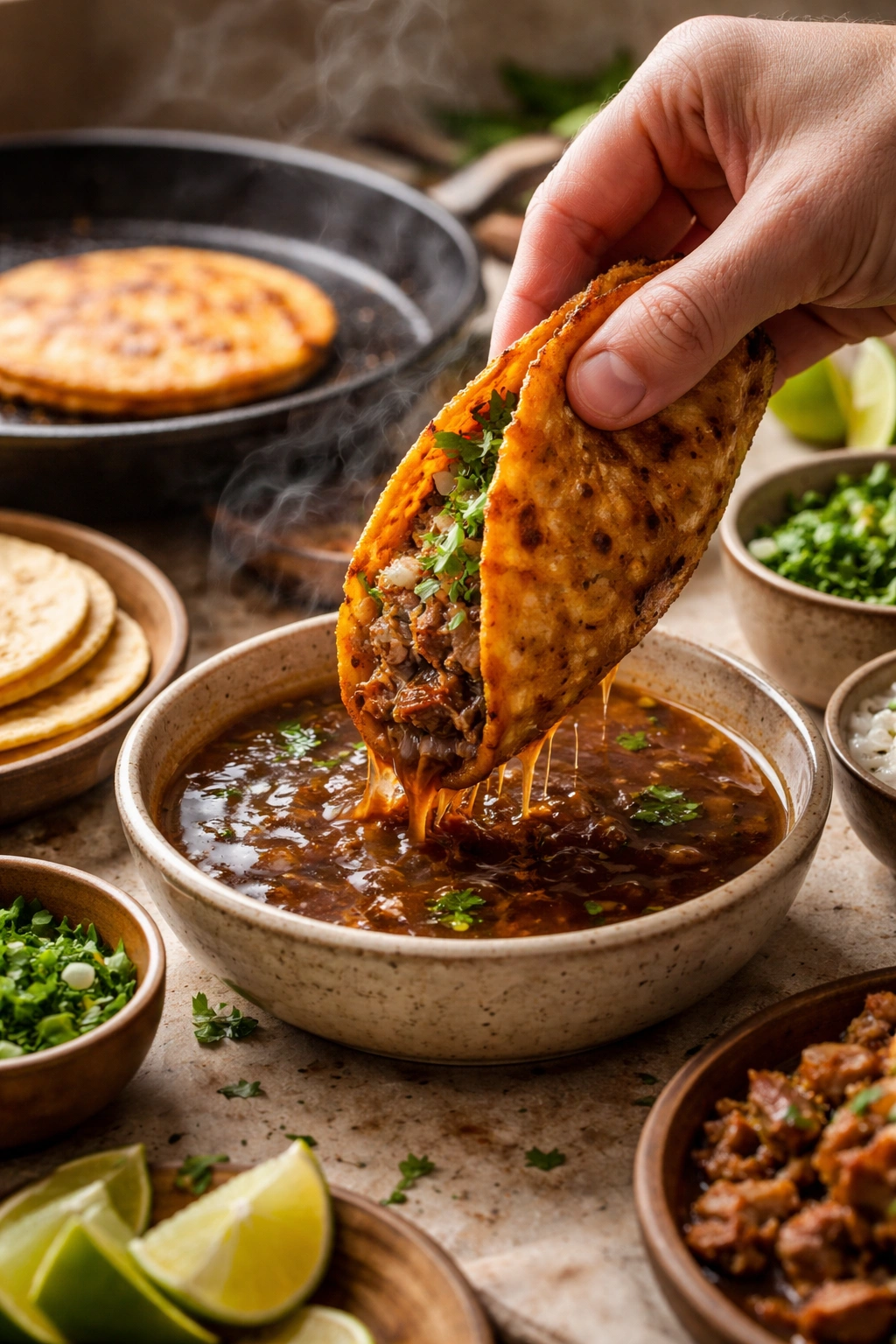 Close-up of a warm tortilla dipping into consomé for birria tacos with a skillet in the background