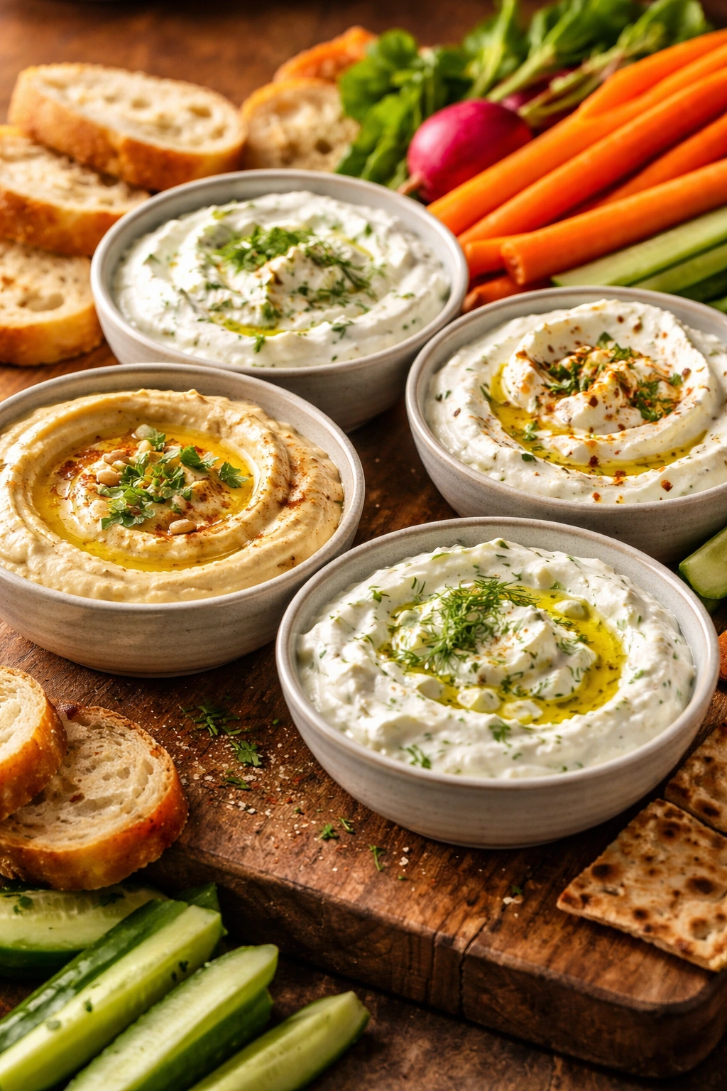 Close-up of bowls with creamy dips and bread on a rustic board.