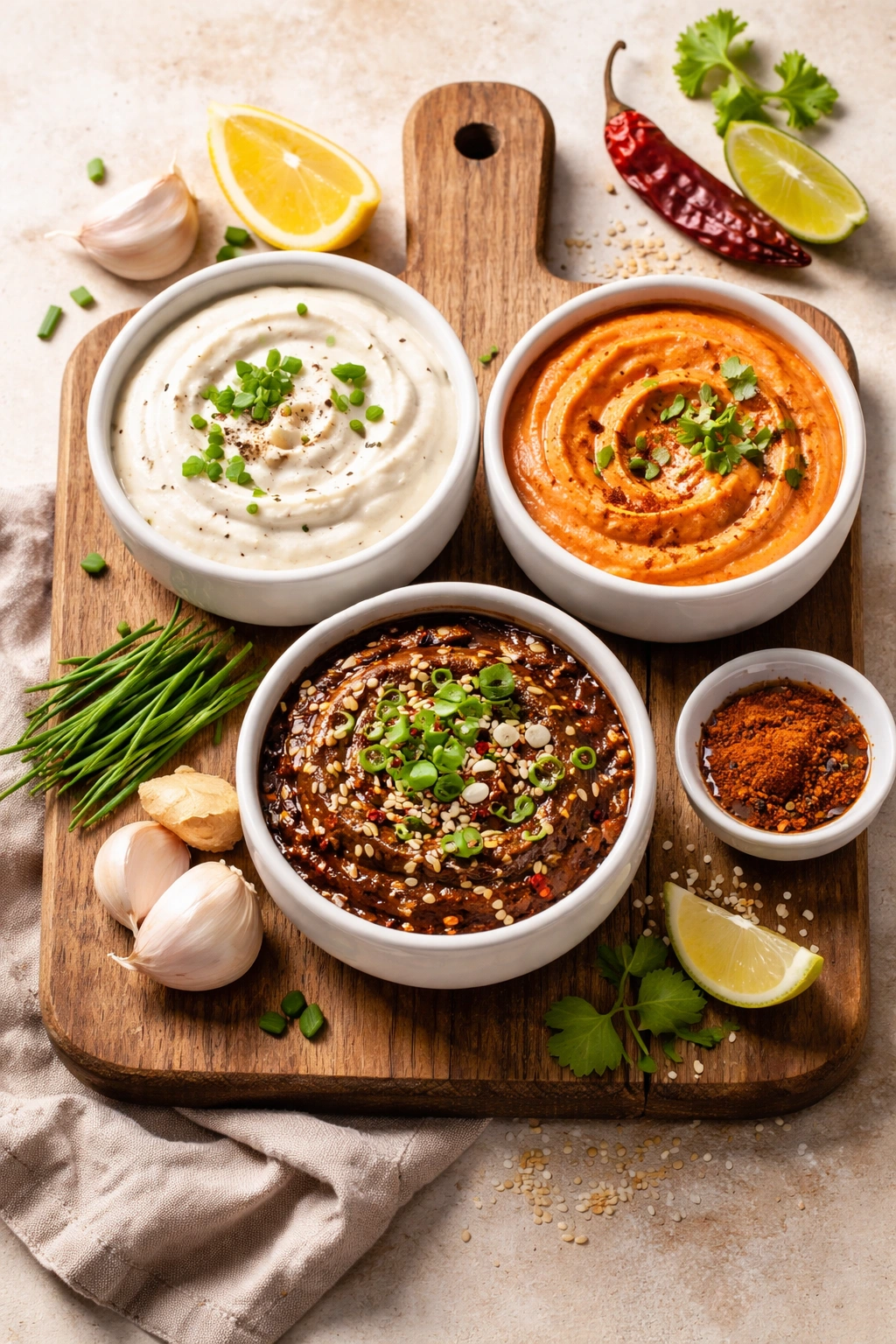 Three bowls of dipping sauces in a row