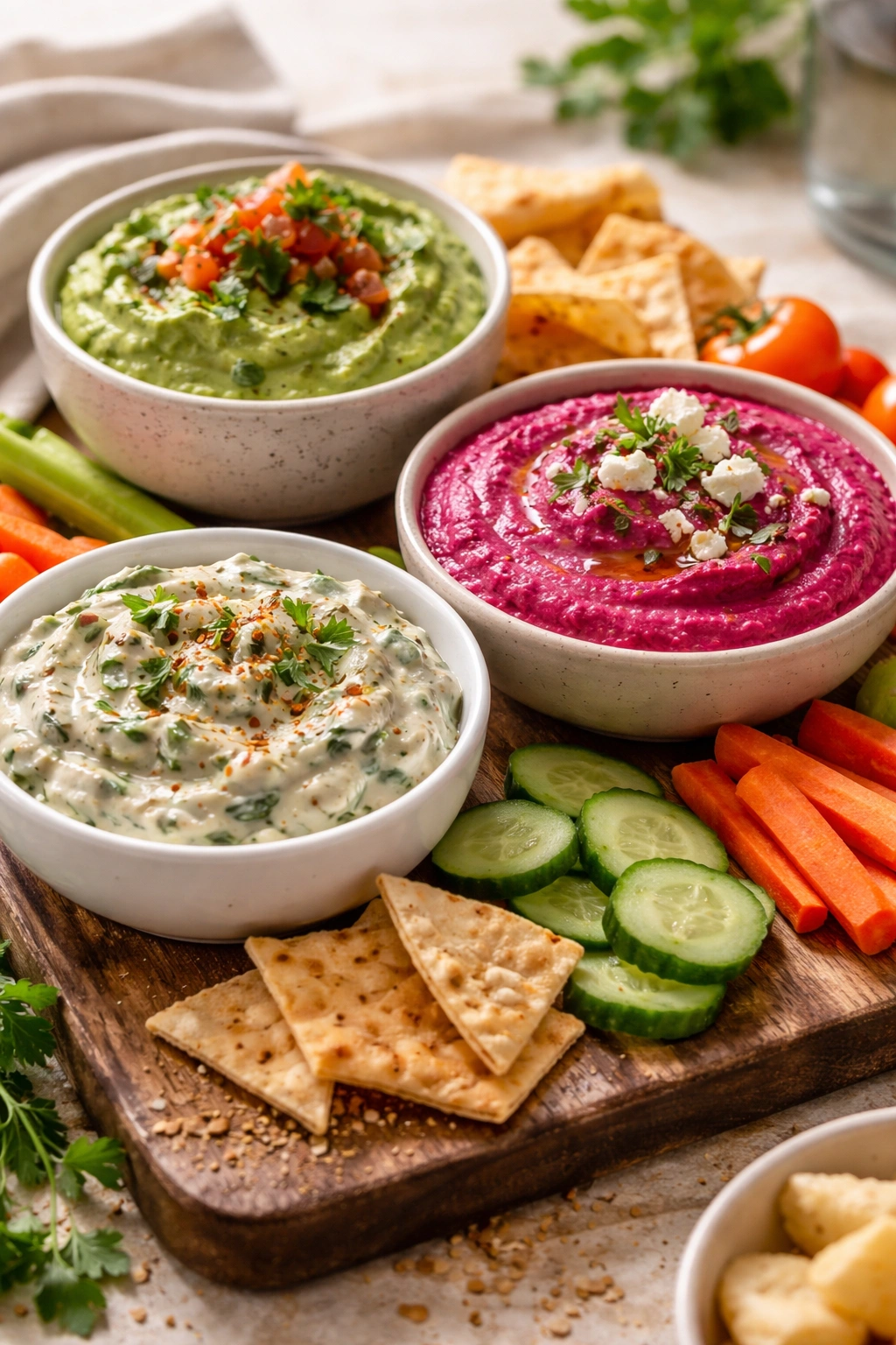 Three bowls of creamy dips on a rustic wooden board