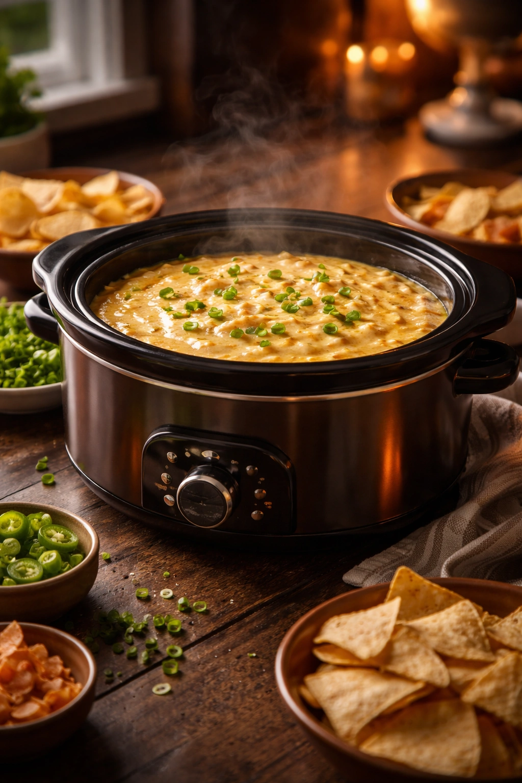 Slow cooker glowing warmly to keep dips at serving temperature