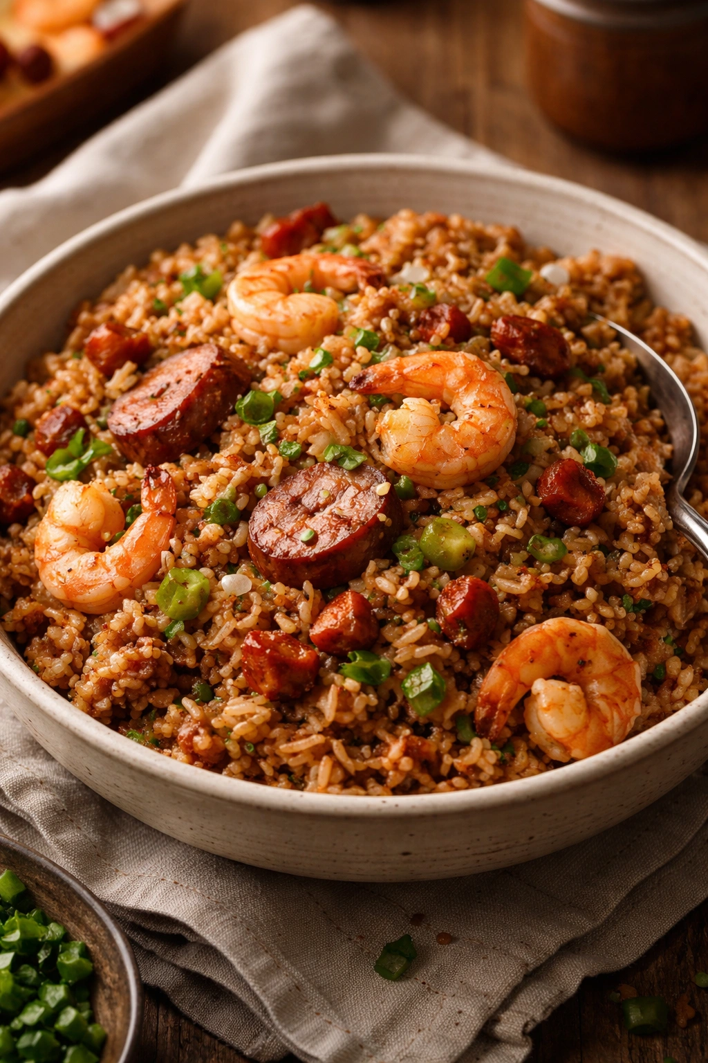 Dirty rice with sausage pieces in a bowl showing rich color and texture.
