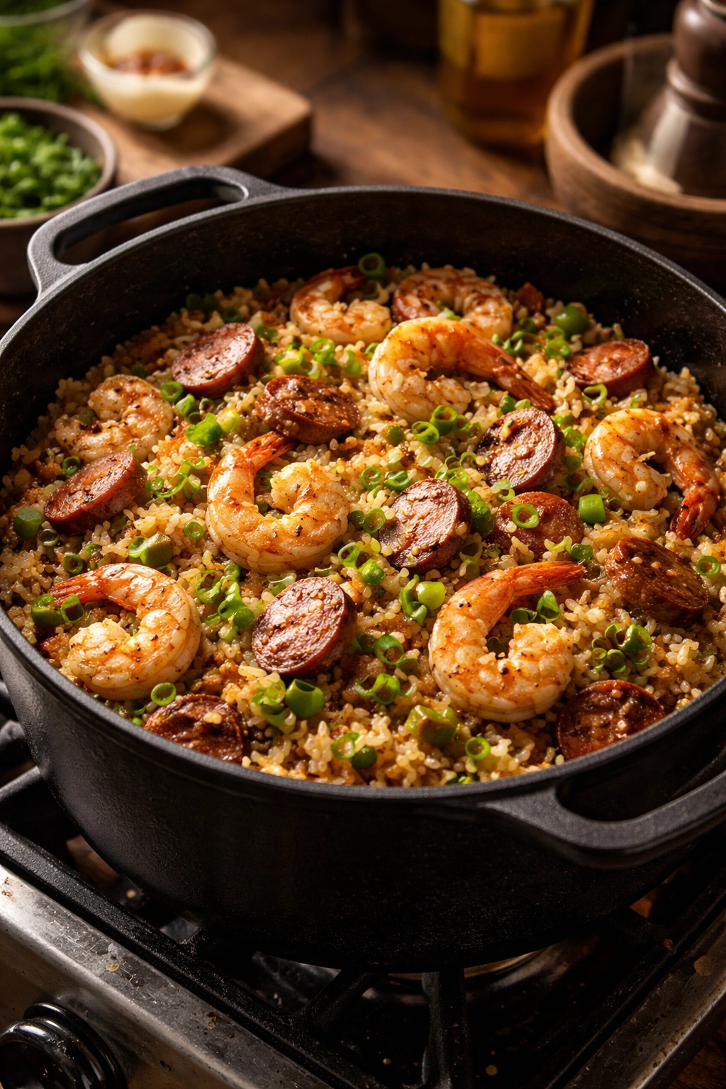 Pot of shrimp and sausage dirty rice on a stove, Cajun-seasoned grains with shrimp visible