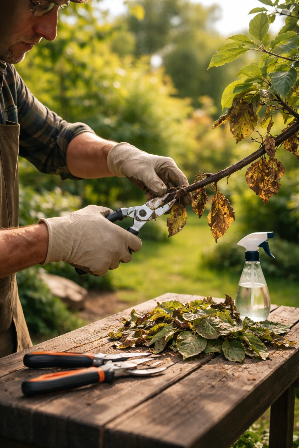 Gardener pruning diseased branch and removing infected material
