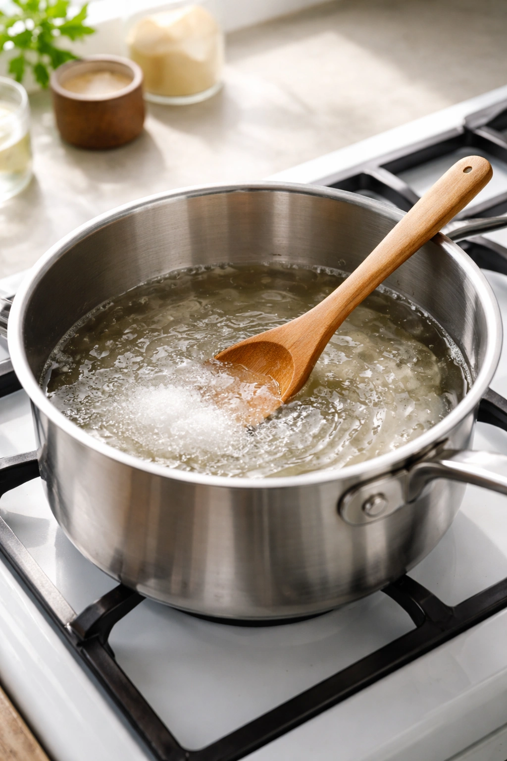 Saucepan with clear brine dissolving sugar and salt on the stove