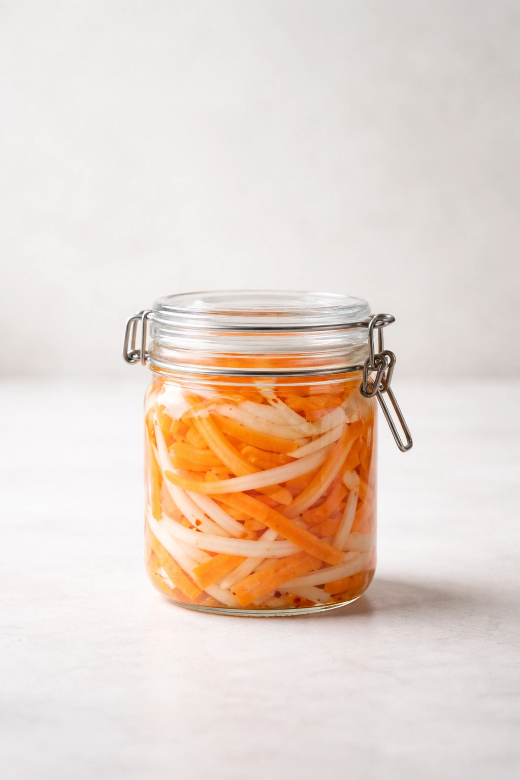 Minimalist photo of a glass jar of do chua on a plain surface with soft light.