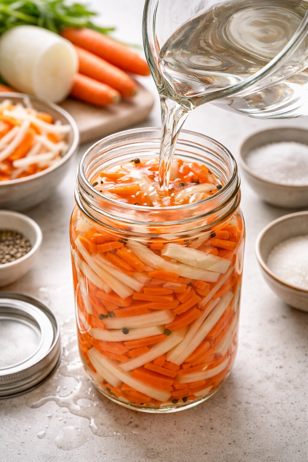 Glass jar filled with daikon and carrot slices submerged in brine