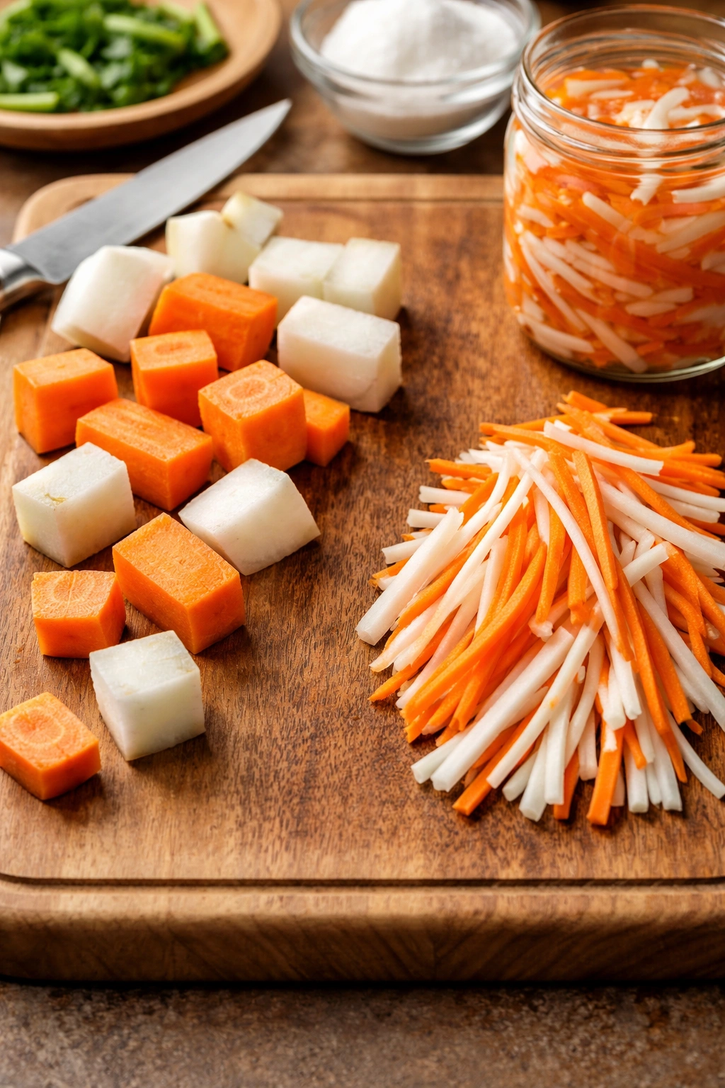 Cut vegetables showing thick pieces and thin matchsticks to illustrate do chua prep mistakes