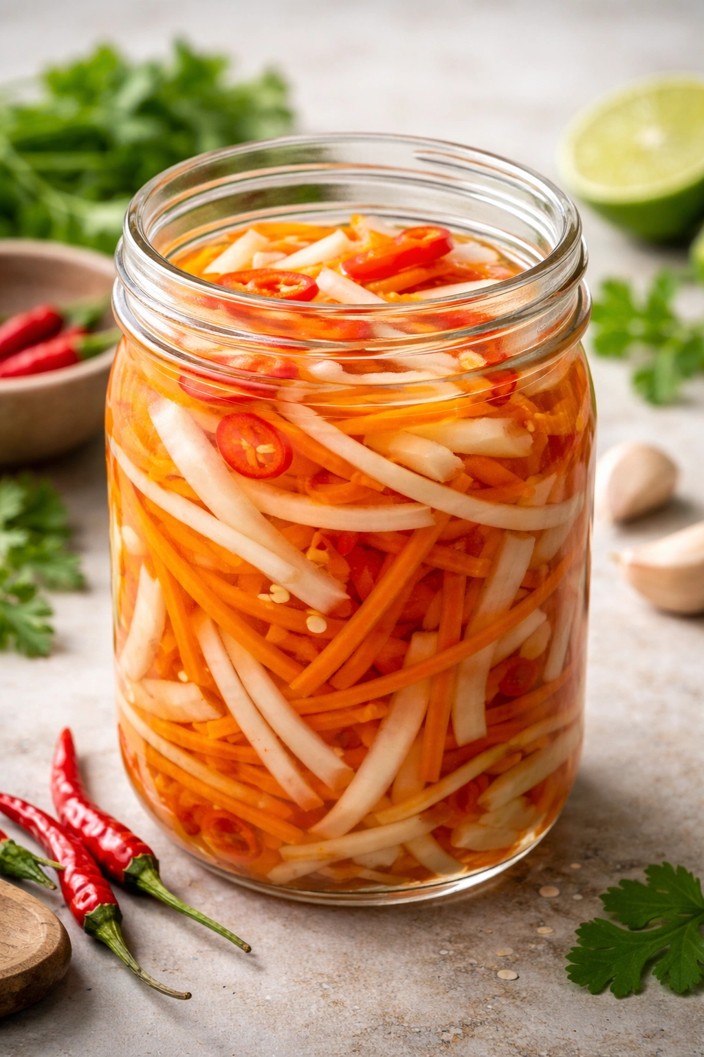 Close-up of a jar of bright Do Chua pickled vegetables in brine on a neutral backdrop