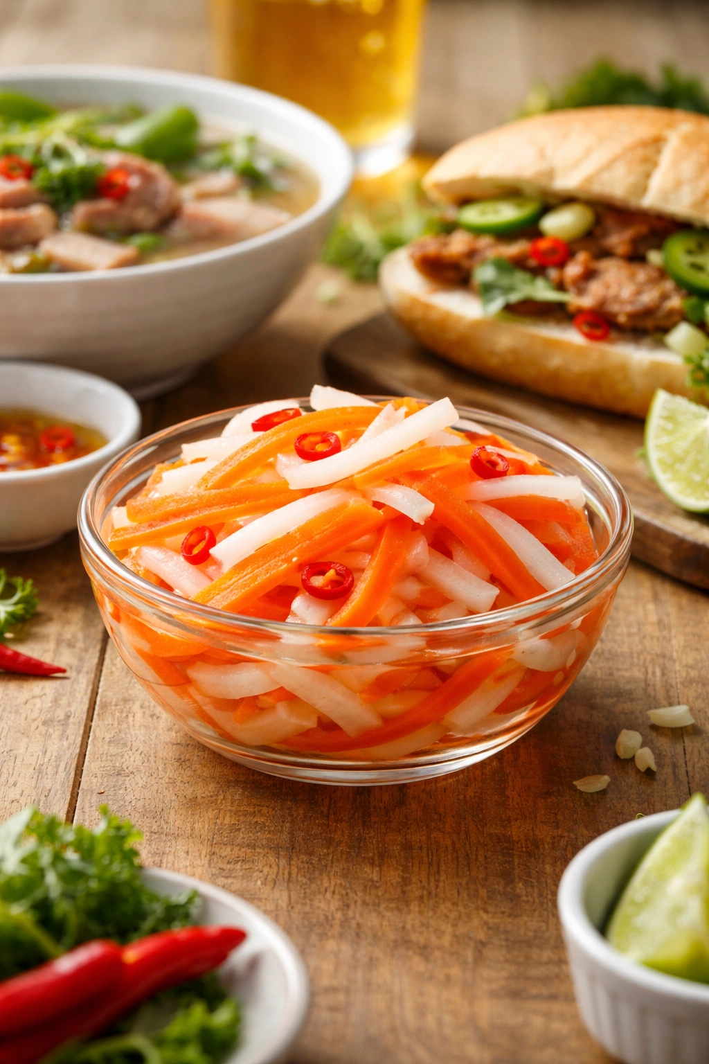 Close-up of a glass bowl with bright do chua pickles on a wooden table, ready for serving.