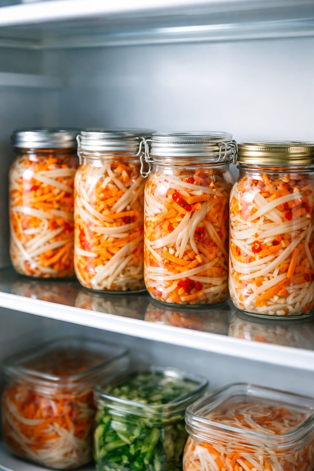 Row of do chua jars on a shelf with crisp vegetables in brine