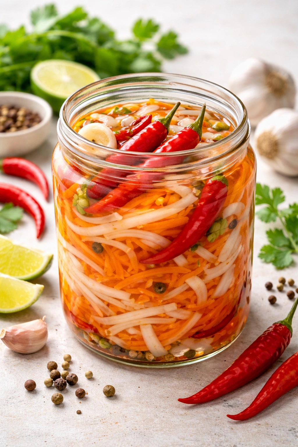 Jar of do chua with chilies for a spicy variation