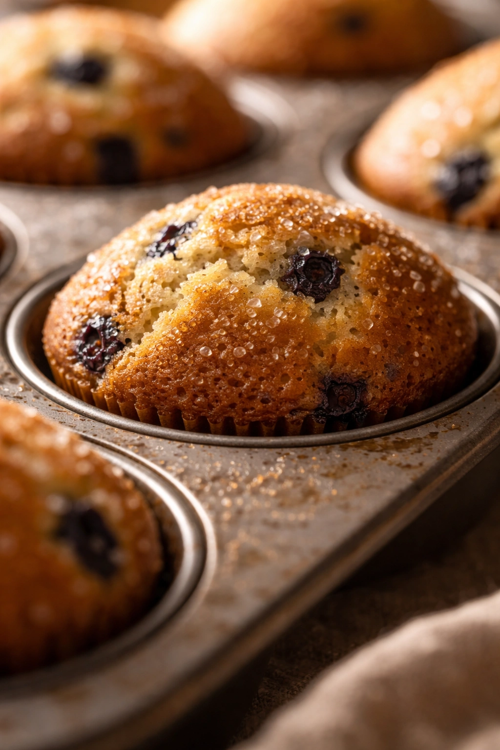 Single domed muffin top with golden crust in muffin tin