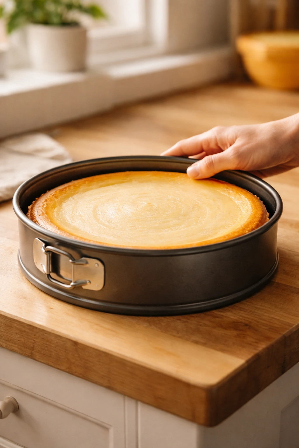 Cheesecake being jiggle tested on counter