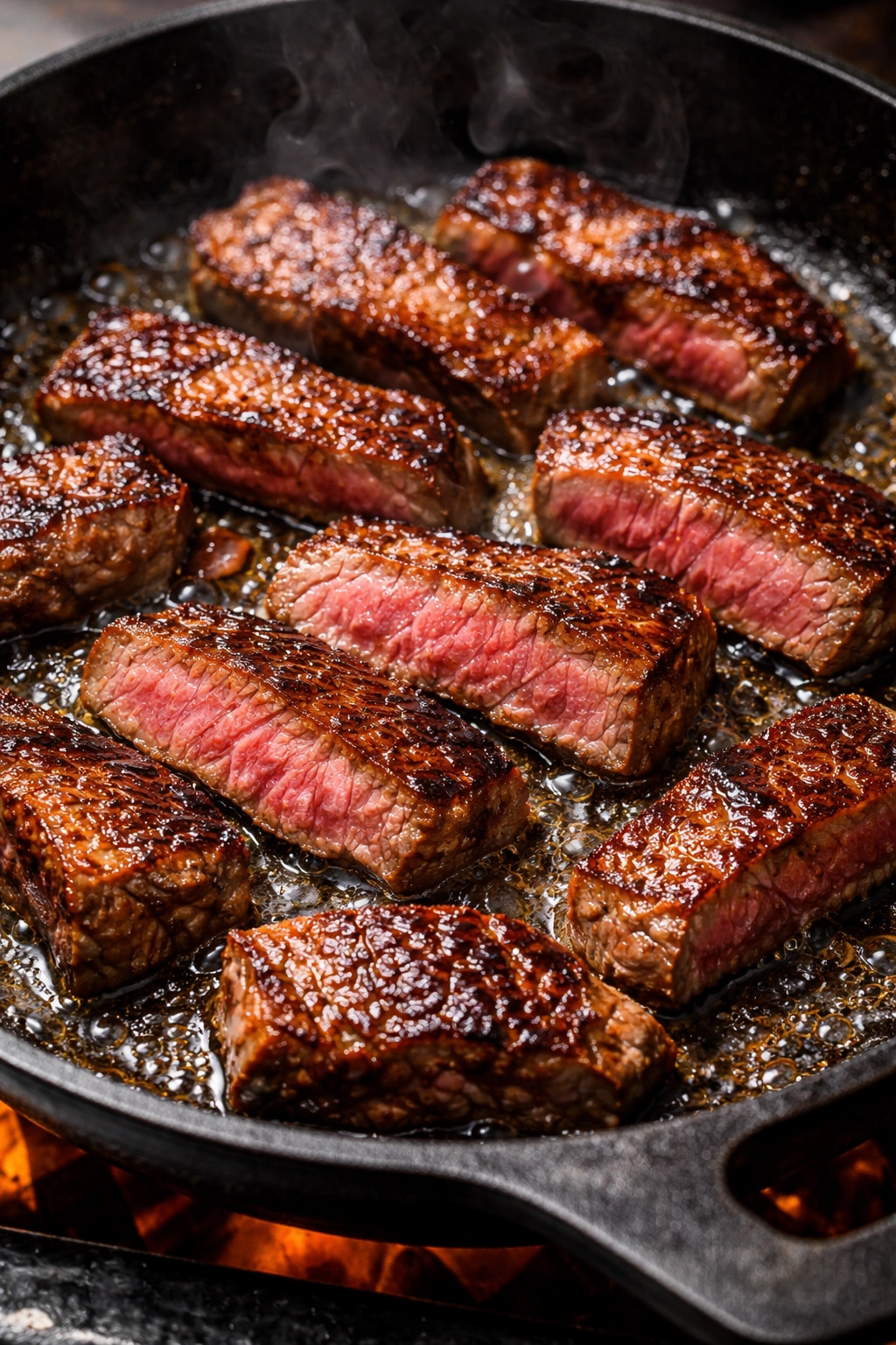 Thin beef slices seared with caramelized crust and pink center