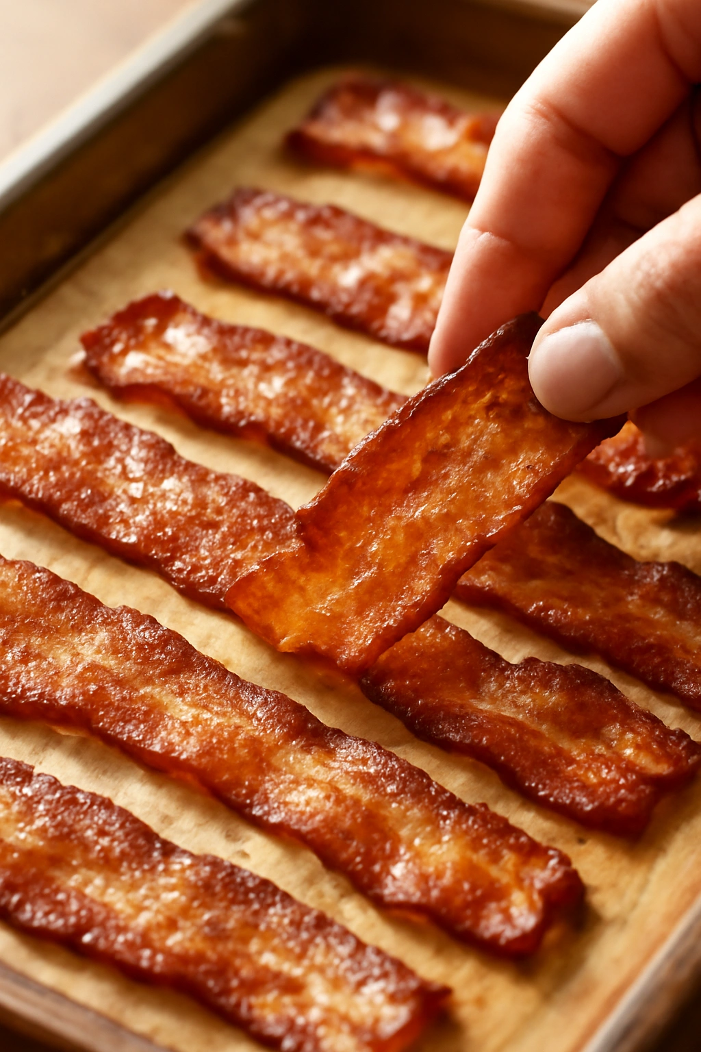 Close-up of golden-brown bacon with darker edges indicating doneness