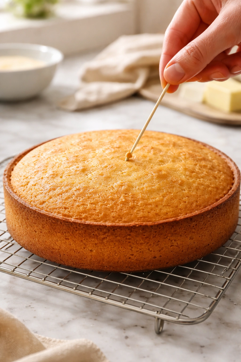 Toothpick test for cake doneness showing central toothpick with few crumbs