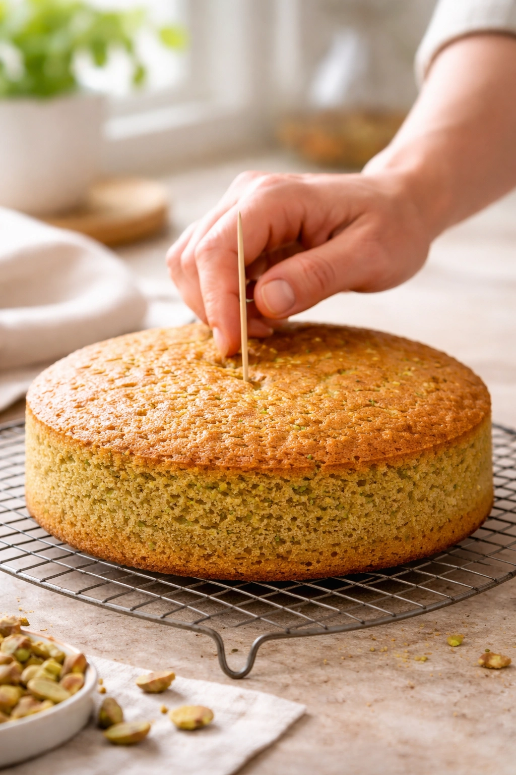 Pistachio sponge cake on a cooling rack with a toothpick test in the center.