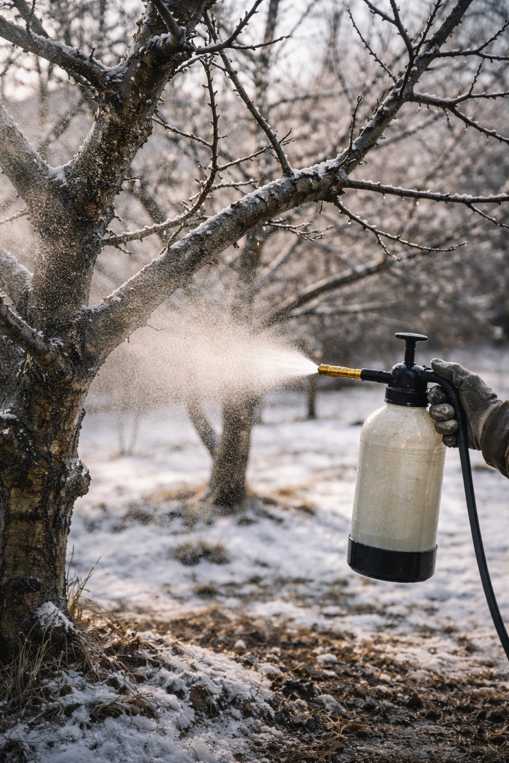 Apple tree in winter with light spray on trunk and branches