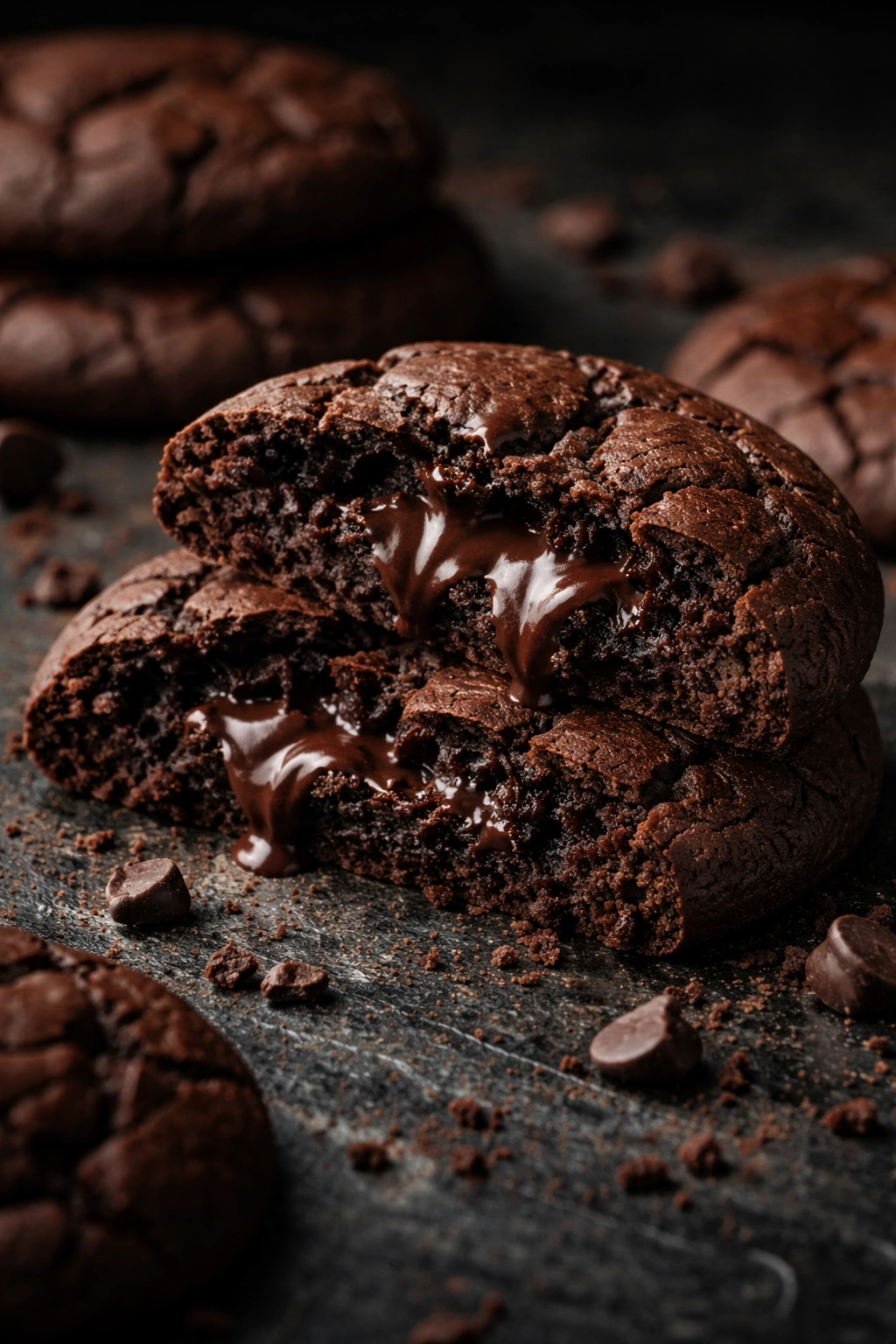 Dark chocolate cookie broken open to show fudgy center on slate
