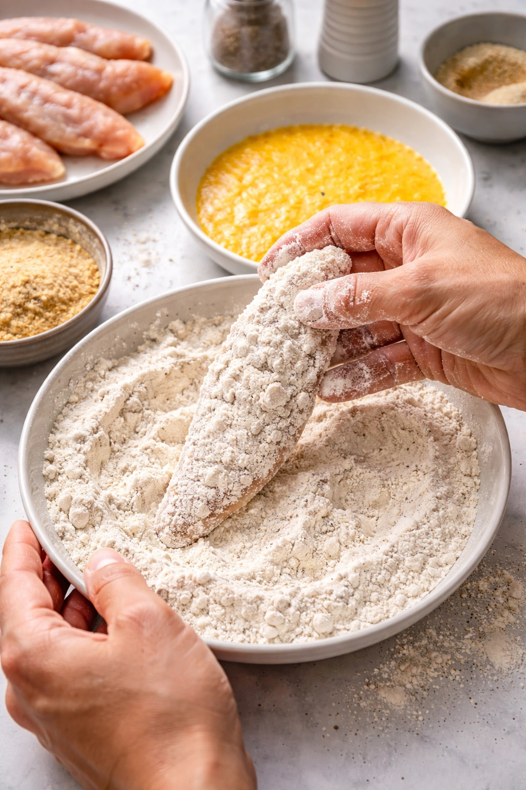 Chicken tender mid-dredge showing double coating in flour and egg.