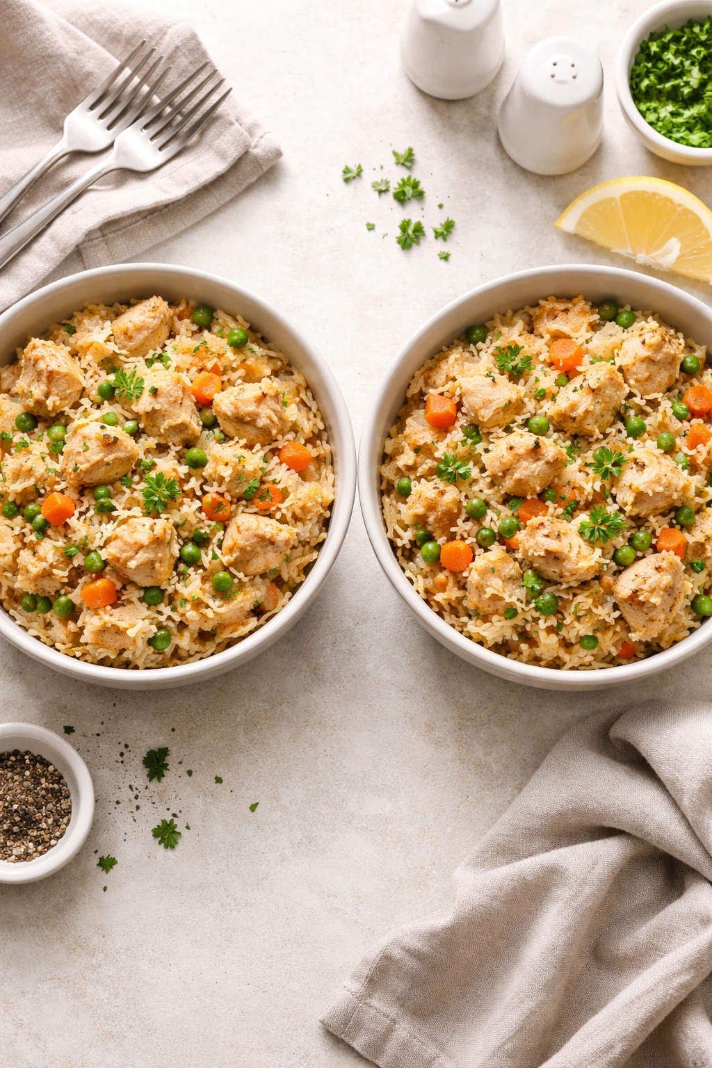 Two bowls of chicken and rice for doubling the recipe