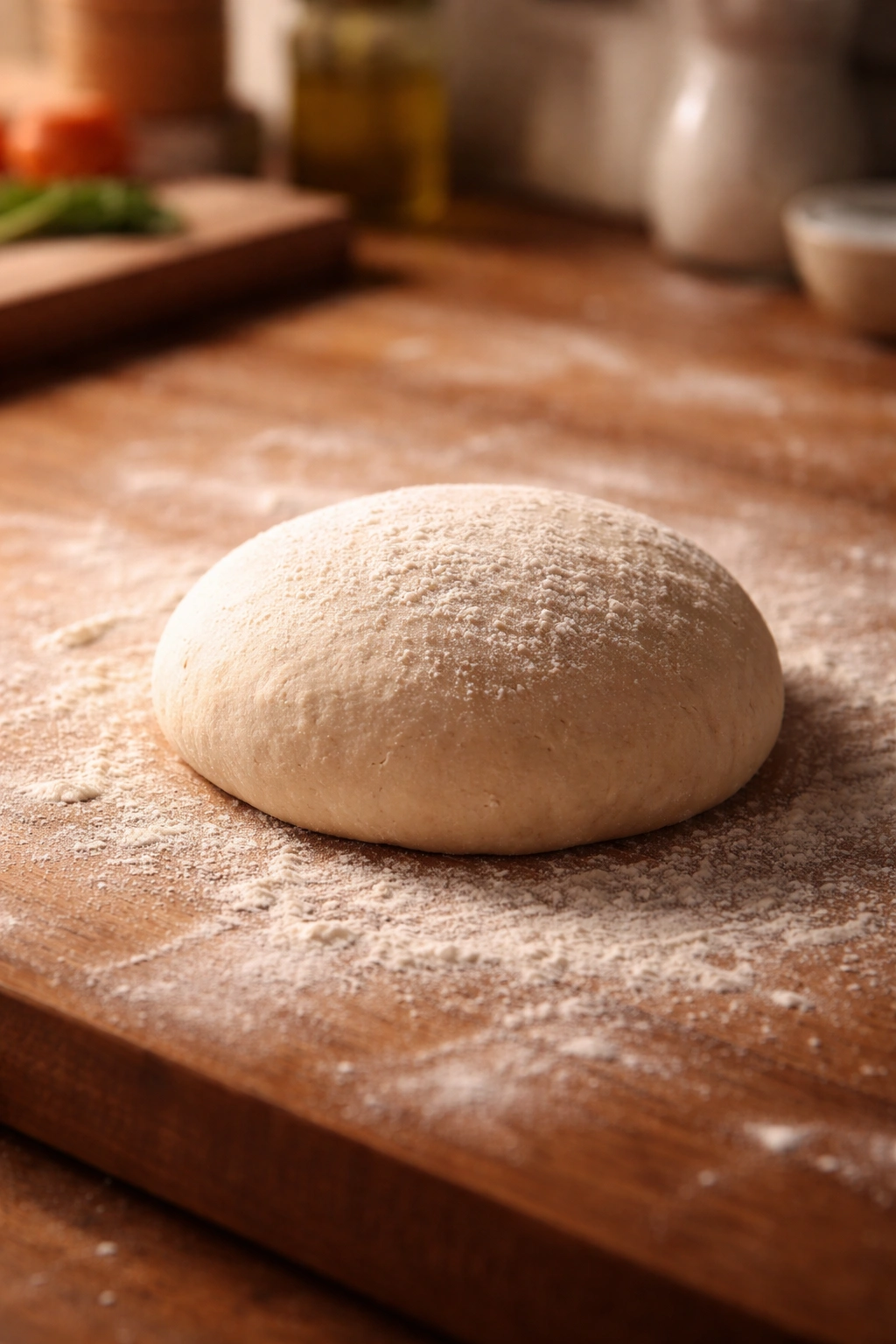 Dough ball on floured surface bathed in warm light
