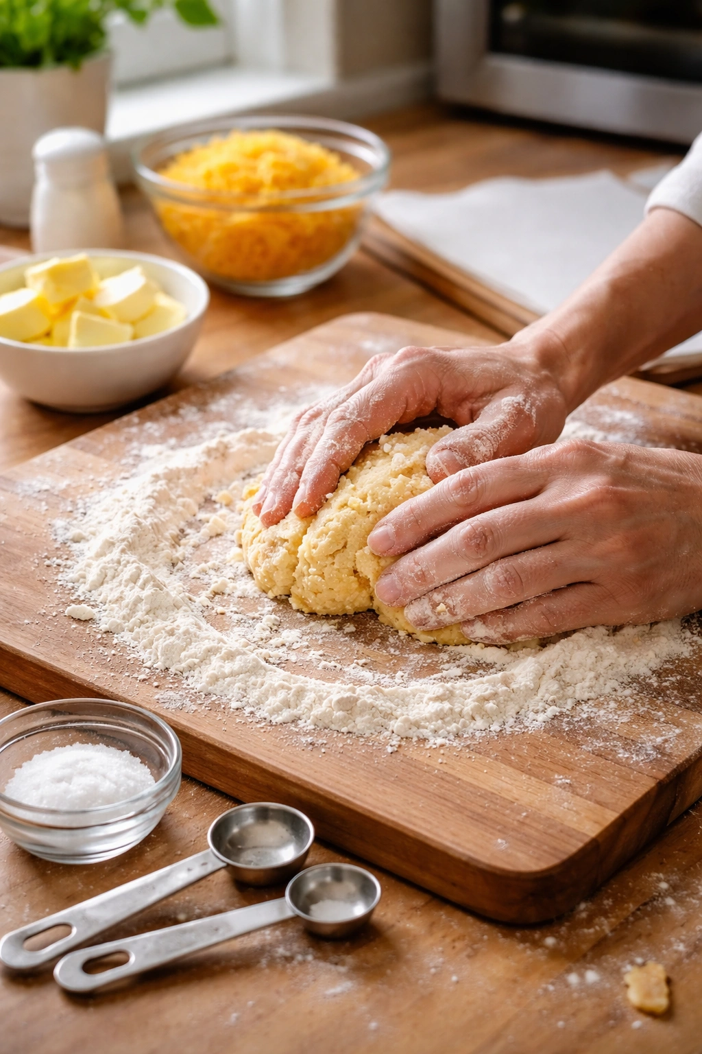 Close-up of dough being formed on a wooden board with flour and butter on a kitchen counter.