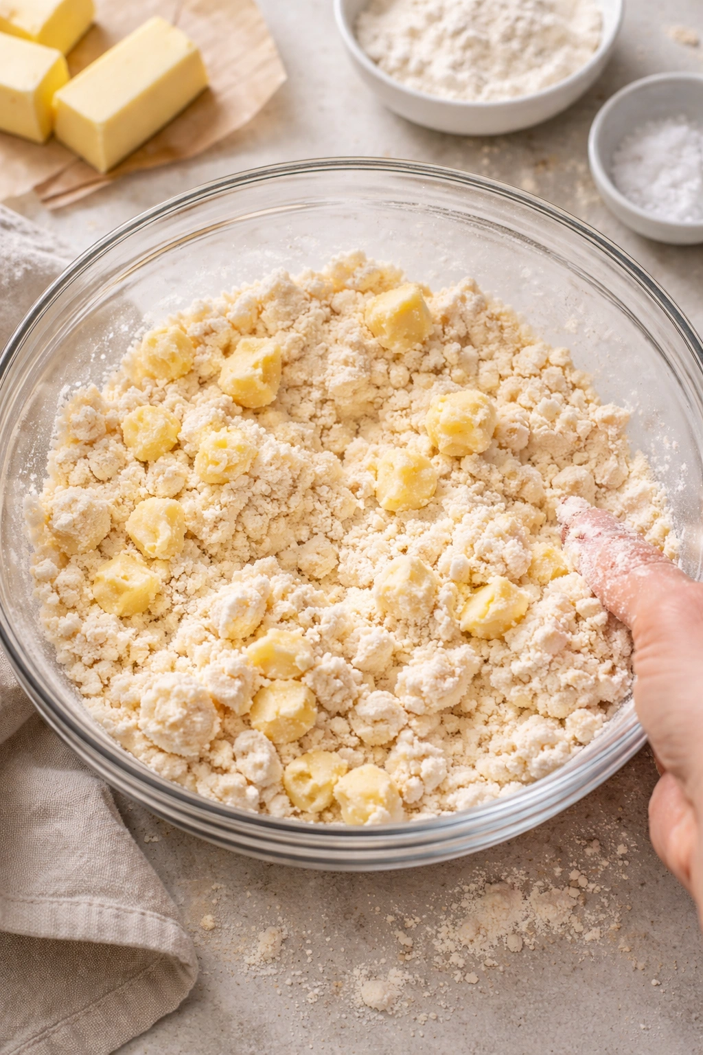 Crumbly dough with cold butter pieces in a mixing bowl