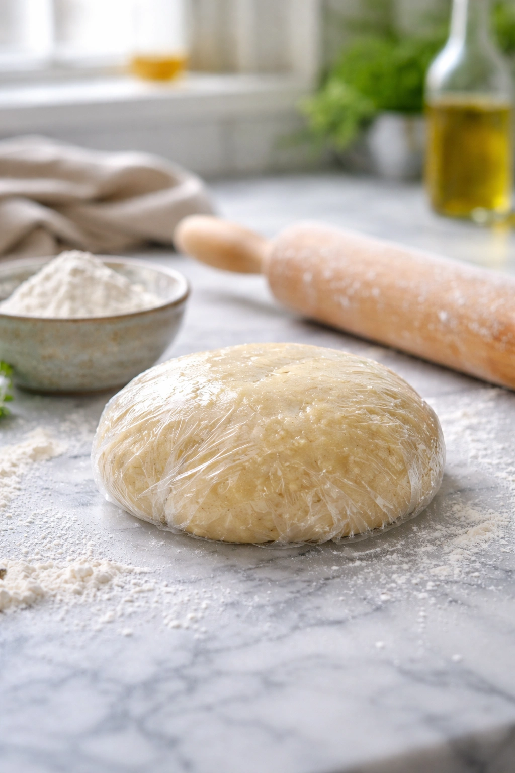 Dough resting wrapped in plastic with rolling pin and flour nearby