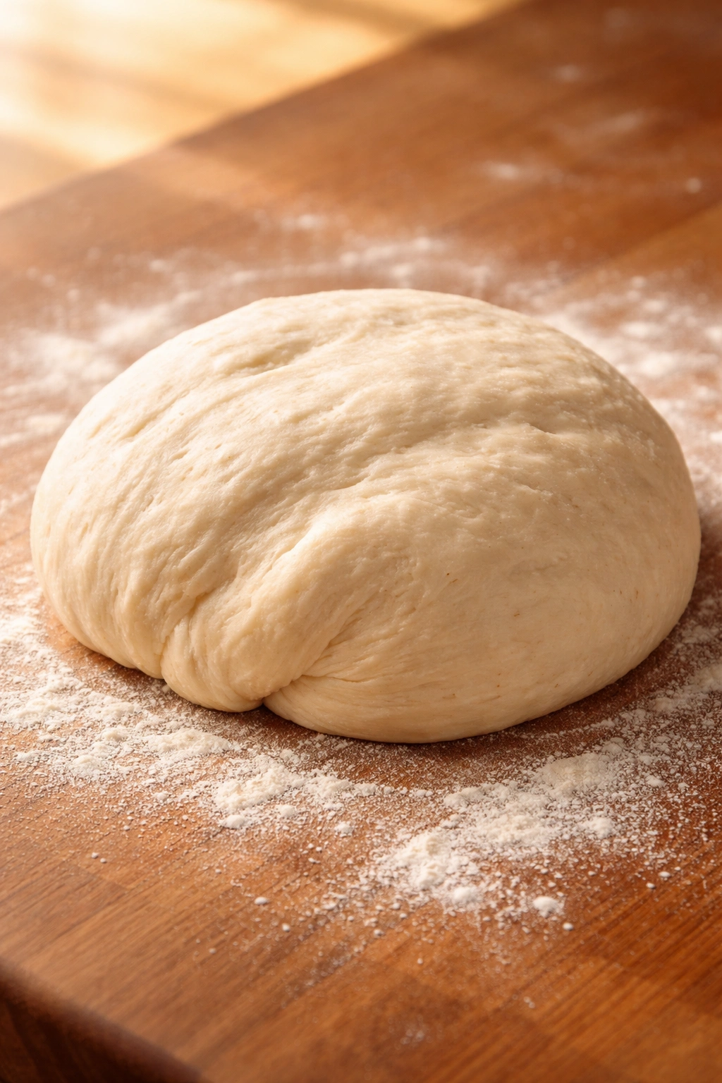 Soft elastic dough ball on a floured wooden surface under warm daylight