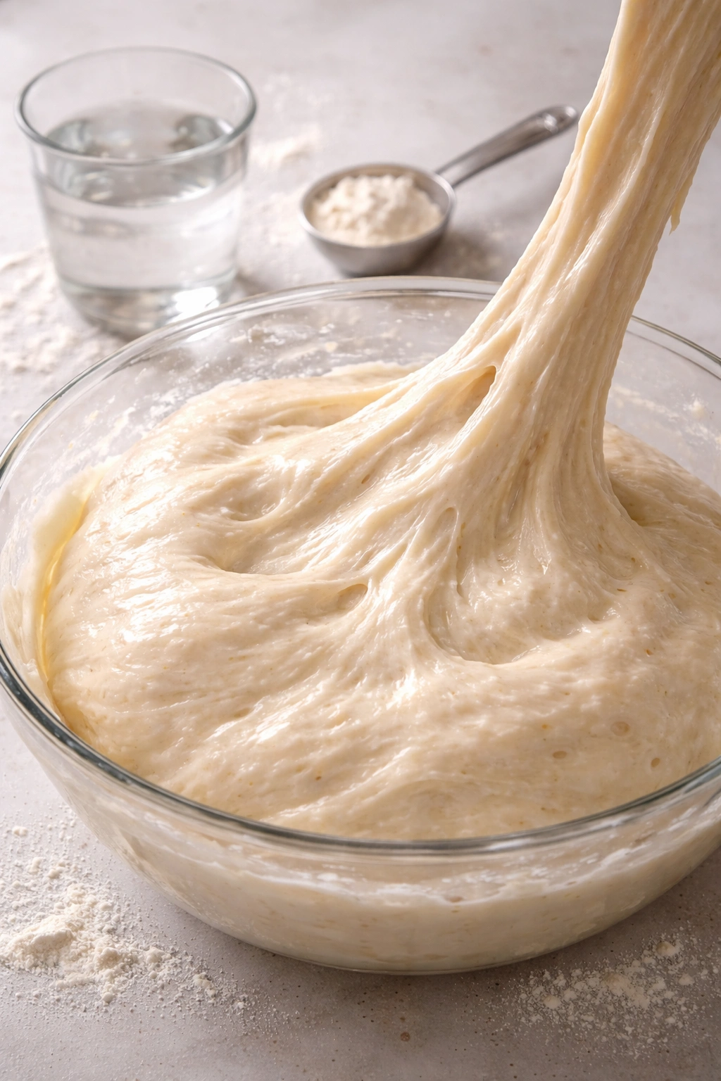 Hydrated dough in a bowl with a measuring spoon and water nearby