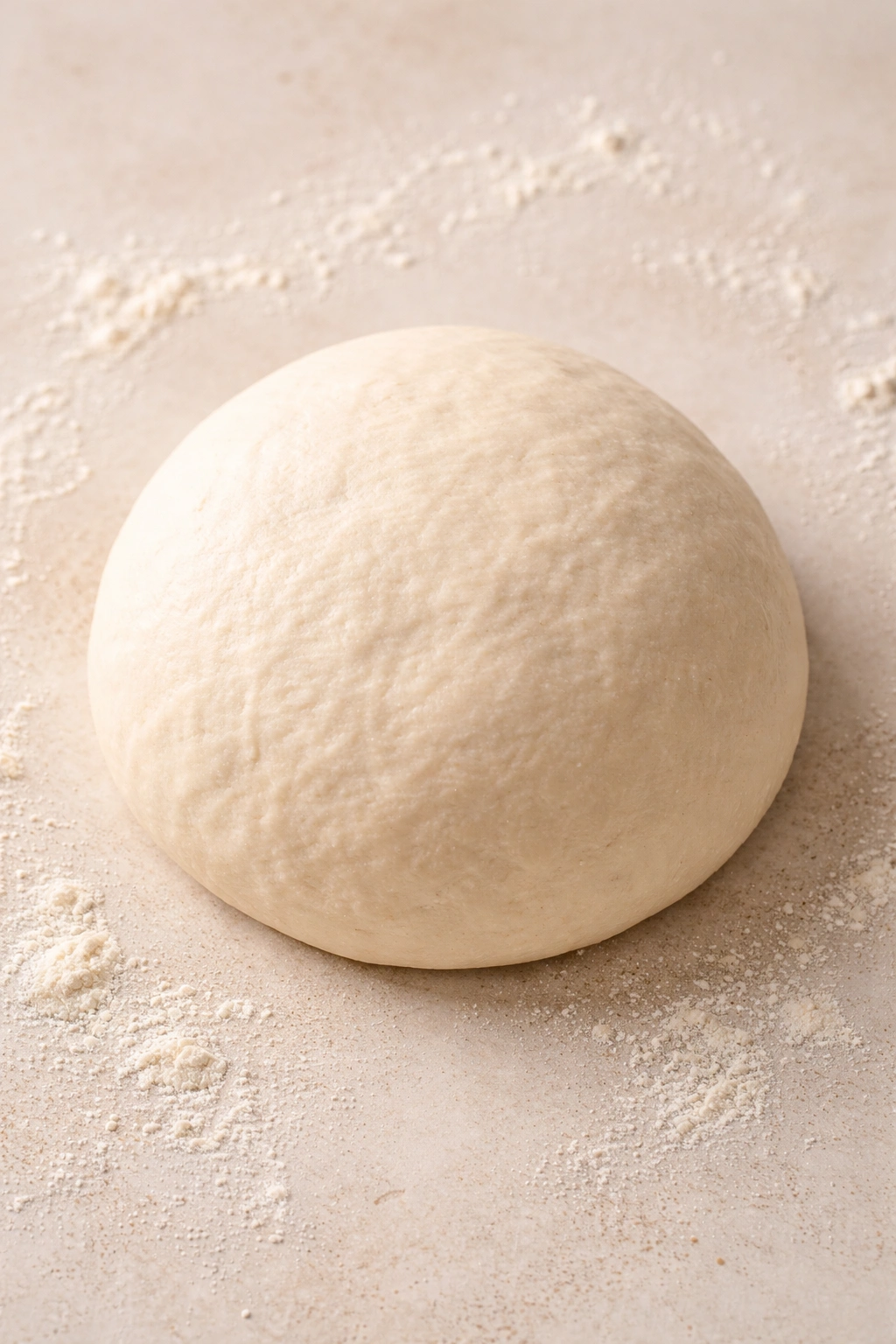 Close-up of a smooth dough ball on a neutral surface