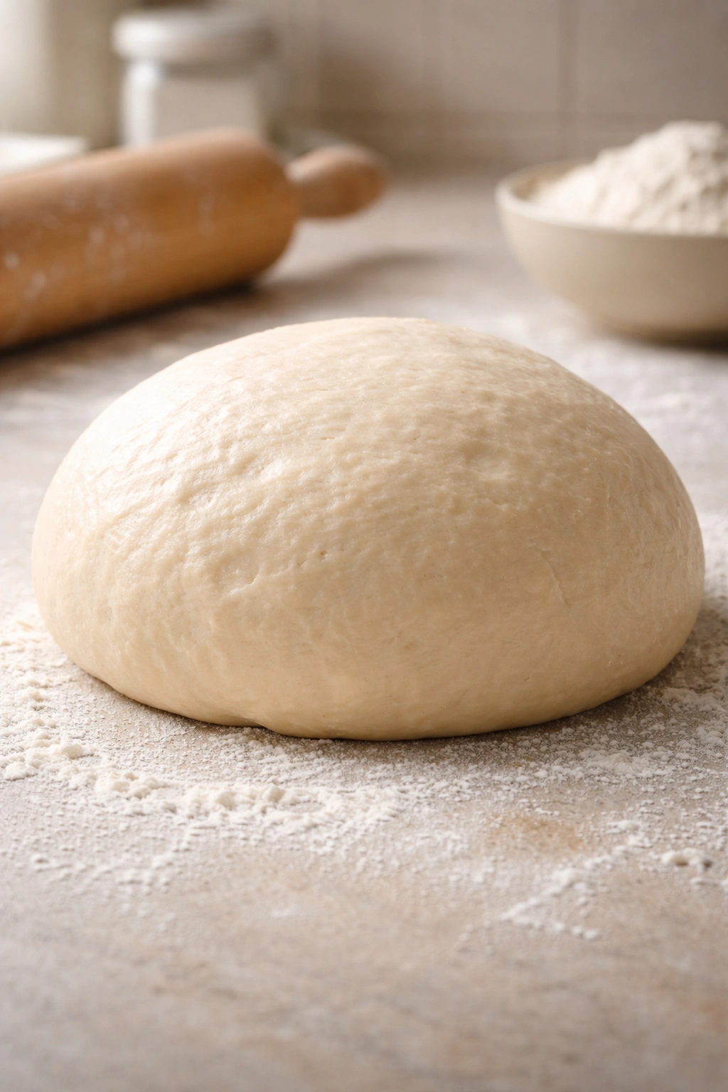 Smooth elastic dough ball on a floured surface