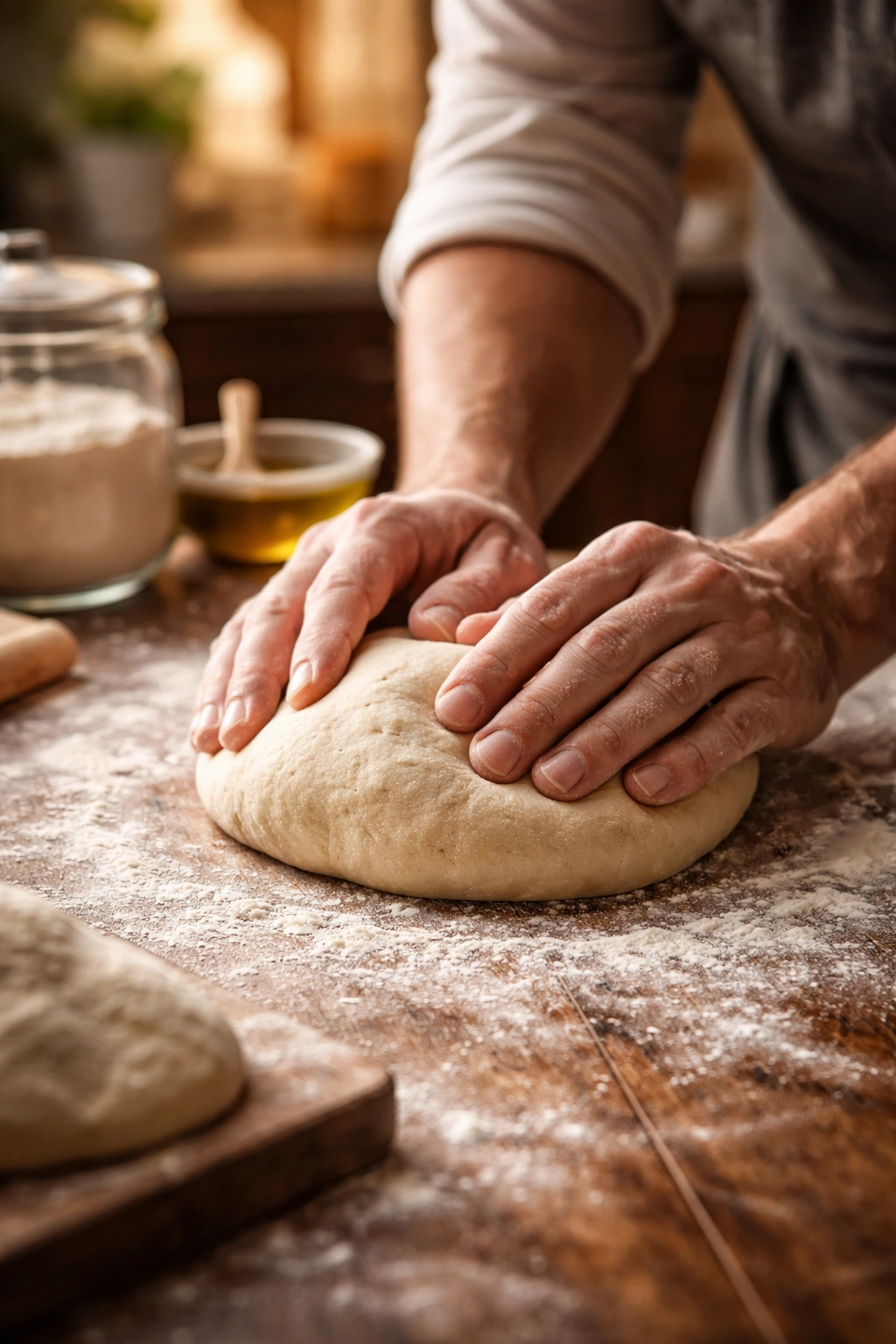 Hand shaping dough on a flour-dusted surface, illustrating pro technique.