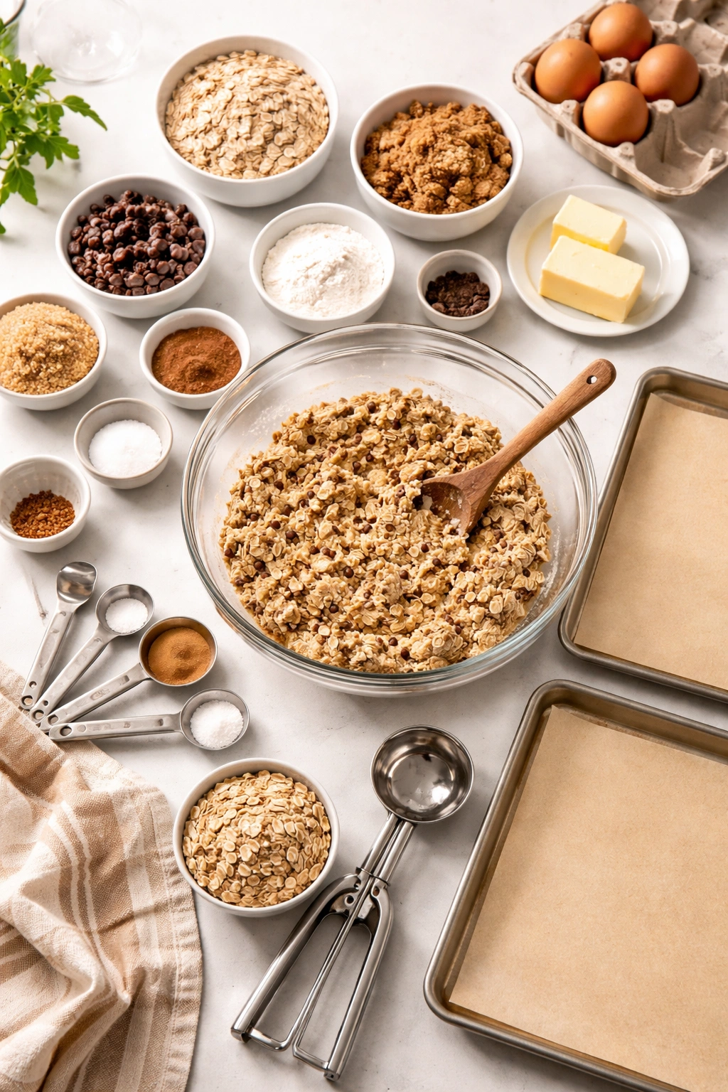Baking setup with dough, spoons, and parchment sheets