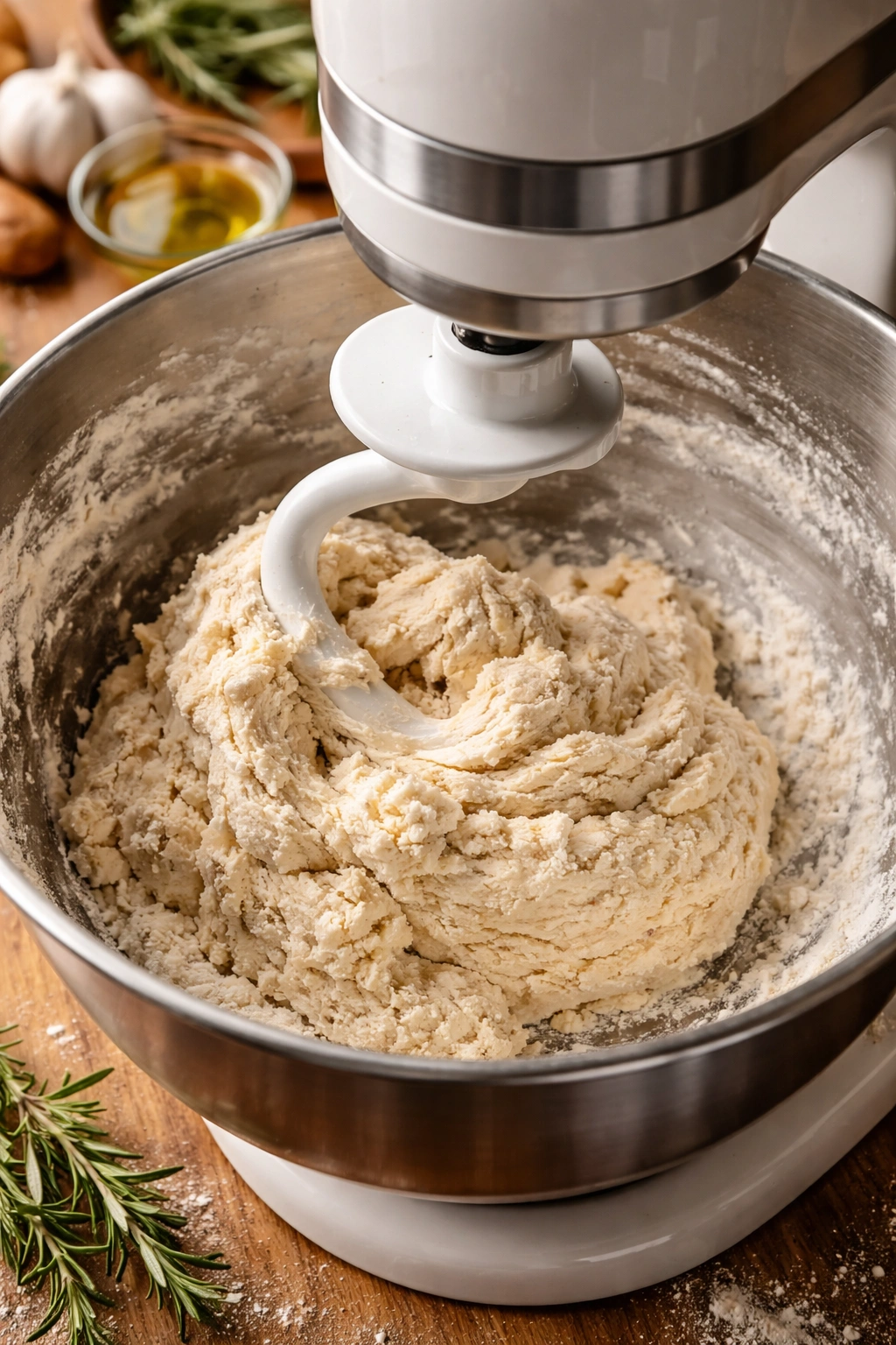 Close-up of dough forming in a mixing bowl during kneading