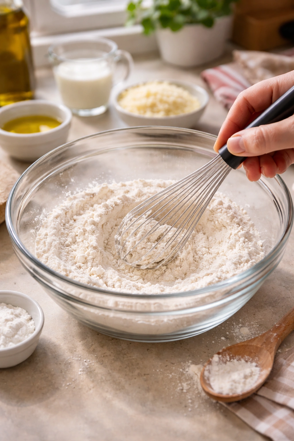 Close-up of hand whisking dry ingredients in a bowl to illustrate proper technique