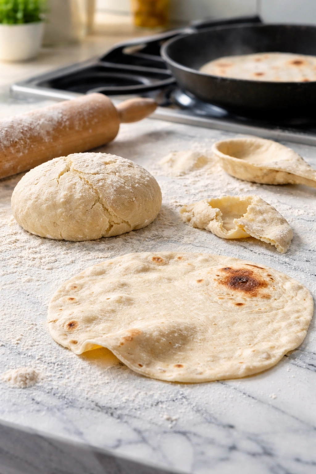 Dough resting with flour, torn piece, and uneven rolling showing mistakes