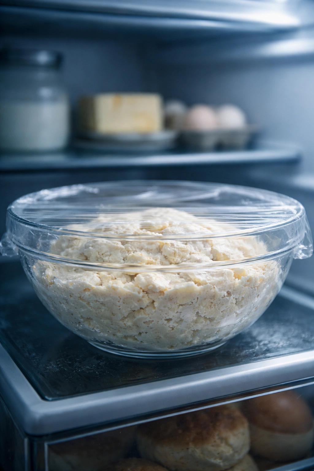 Close-up of dough resting in a glass bowl, covered and chilling in a fridge